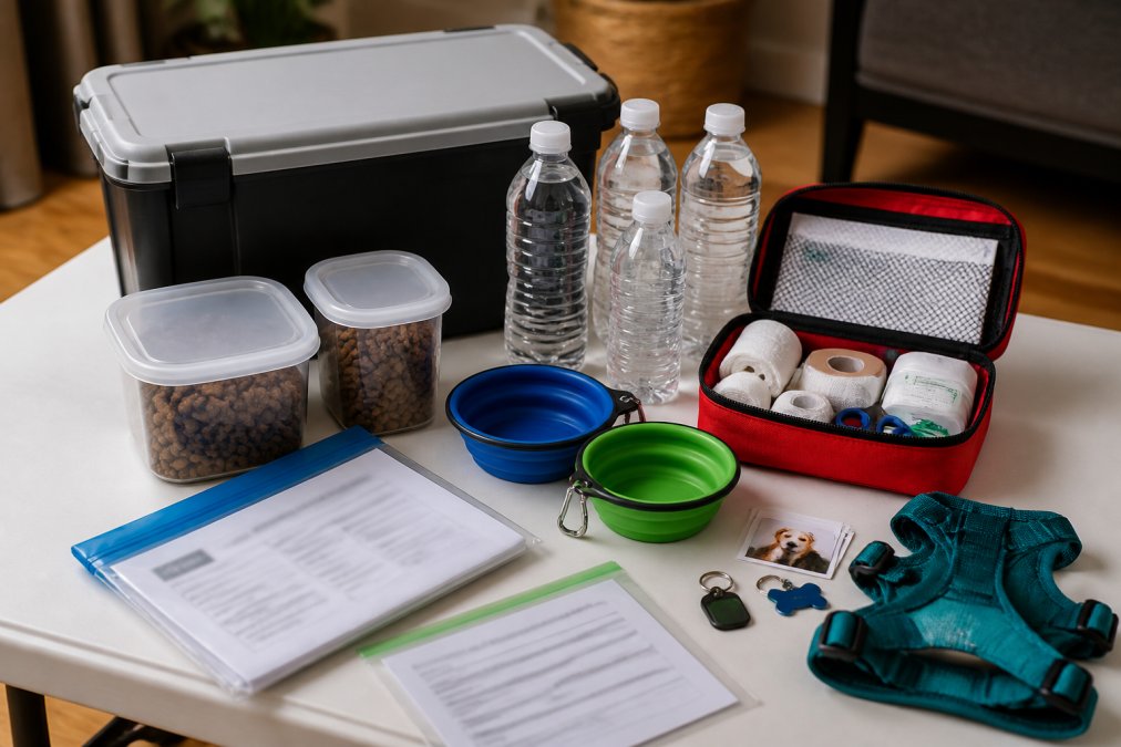 A well-organized pet emergency kit laid out on a white table, showing a sturdy plastic storage container, sealed food containers with kibble, water bottles, collapsible bowls, first aid supplies including gauze and bandages, vaccination records in a waterproof folder, microchip registration documents, recent pet photos, ID tags, and a harness arranged neatly in organized compartments