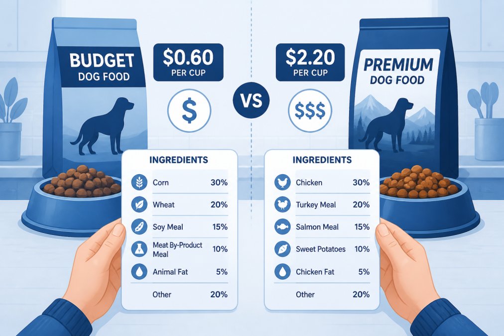 Two bowls of dog kibble side by side on a kitchen counter, one bag labeled budget and one bag labeled premium, with a person's hand comparing the ingredient labels