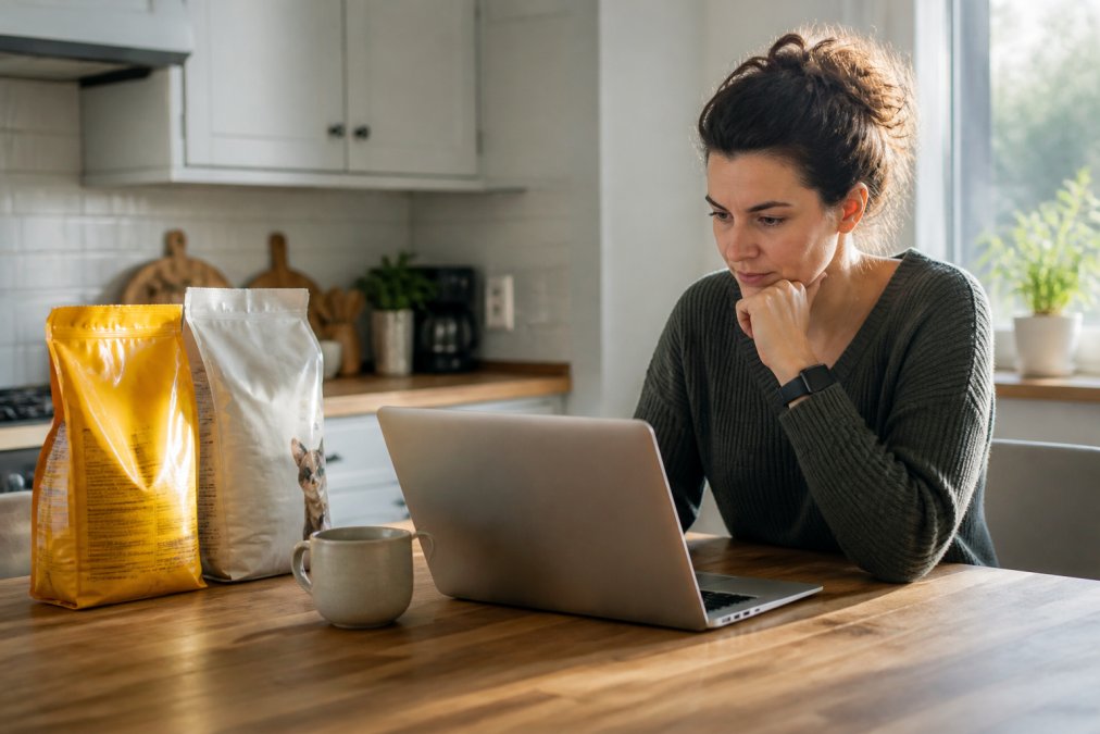 Pet owner reviewing subscription order details on a laptop with pet food bags visible on the kitchen counter nearby, natural afternoon light streaming through a window