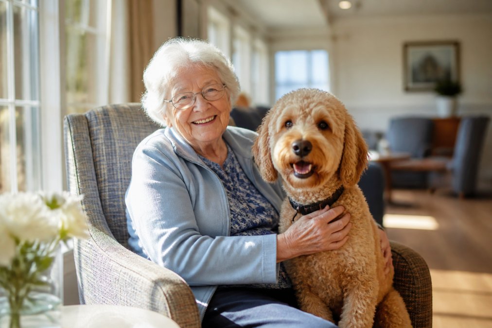 Smiling senior sitting with a dog in a bright pet-friendly assisted living common area filled with sunlight.