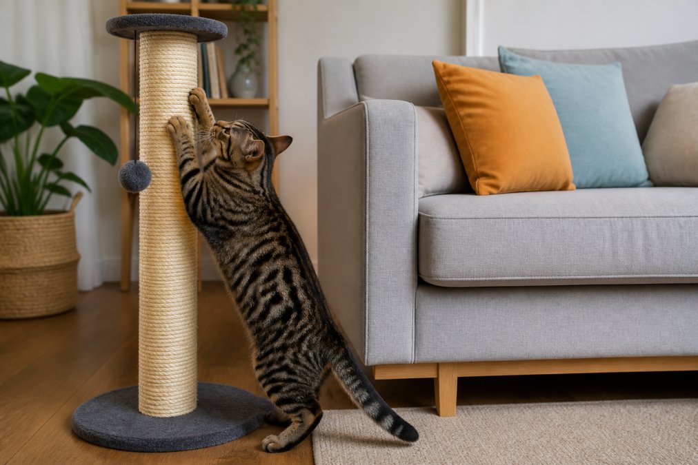 A cat using a sisal scratching post near a modern sofa to extend pet-friendly furniture lifespan.