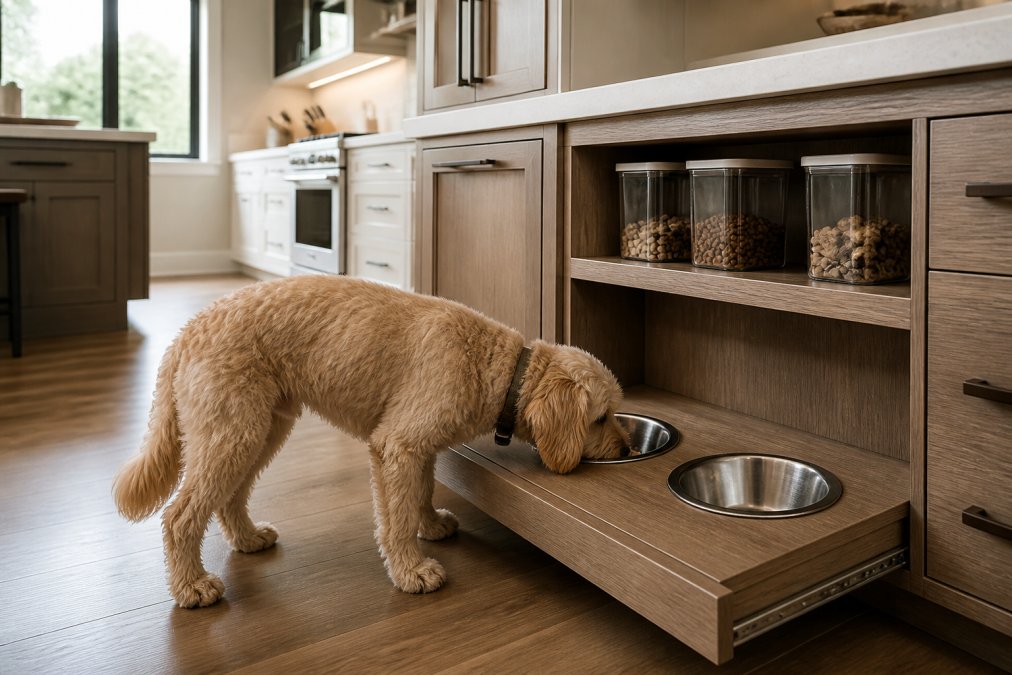 A modern kitchen with a custom-built feeding station featuring stainless steel bowls in a sleek wooden enclosure, organized pet food storage drawers visible, and a small dog eating from the station