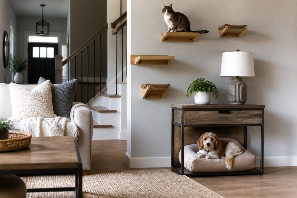 A contemporary living room with a neutral color palette showing a stylish dog bed integrated under a side table, wall-mounted wooden cat shelves with a cat perched on one, and the space seamlessly blending pet furniture with home decor