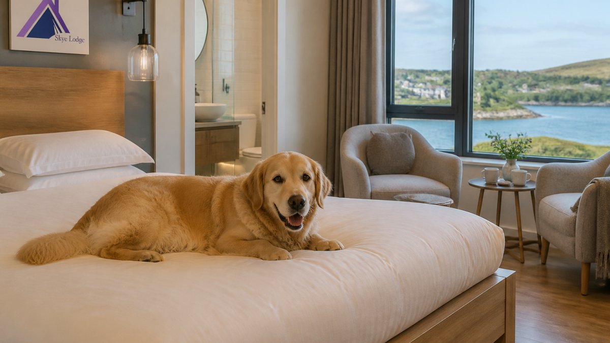 A dog resting contentedly on a plush bed in a bright ensuite room with coastal views through the window, natural morning light streaming in