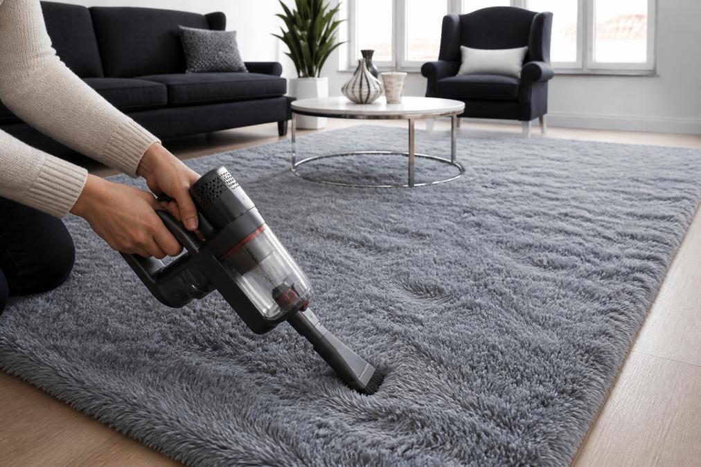 Hands using a handheld cordless vacuum cleaner to remove pet hair and debris from a light gray shaggy rug in a bright living room, demonstrating practical cleaning technique