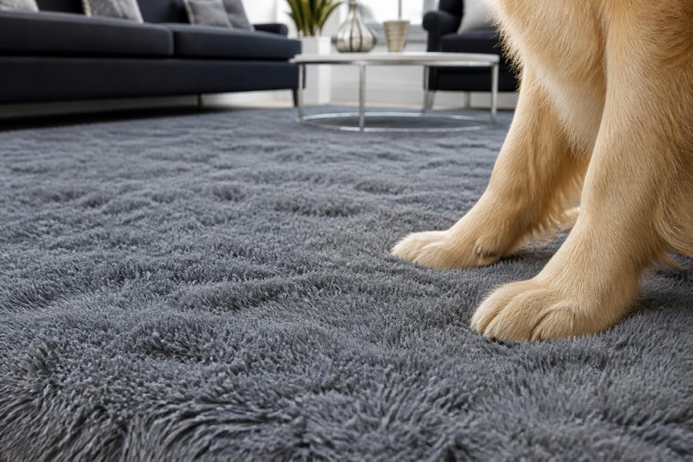 Close-up comparison showing a dog's paw on a low-pile polypropylene rug in a bright living room, highlighting the rug's tight weave and texture that resists pet hair embedding