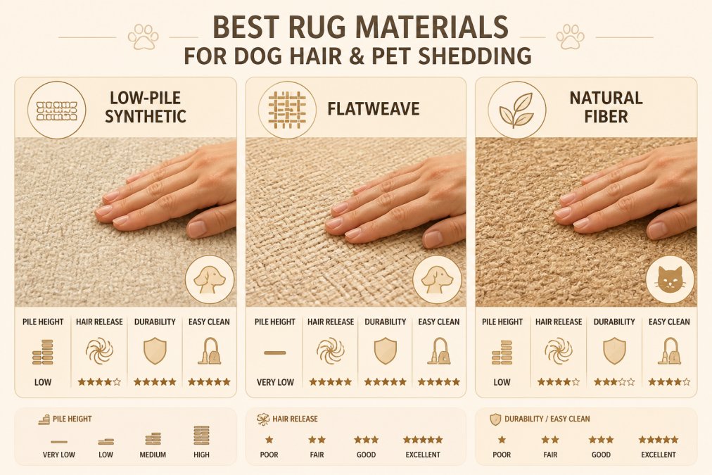 Close-up of hands running across different rug texture samples showing low-pile synthetic, flatweave, and natural fiber materials side by side with visible weave patterns
