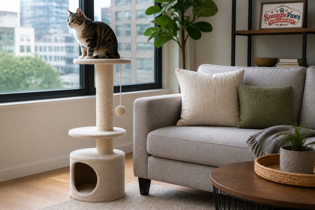 Stylish modern living room with a sleek pet scratching tower positioned beside a contemporary sofa, soft natural light from large windows illuminating both the furniture and the integrated pet piece, showing how functional pet structures blend seamlessly into home decor