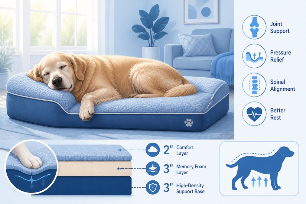 An older golden retriever resting peacefully on a soft, cushioned orthopedic bed in a bright living room with natural sunlight streaming through windows, showing complete relaxation and comfort