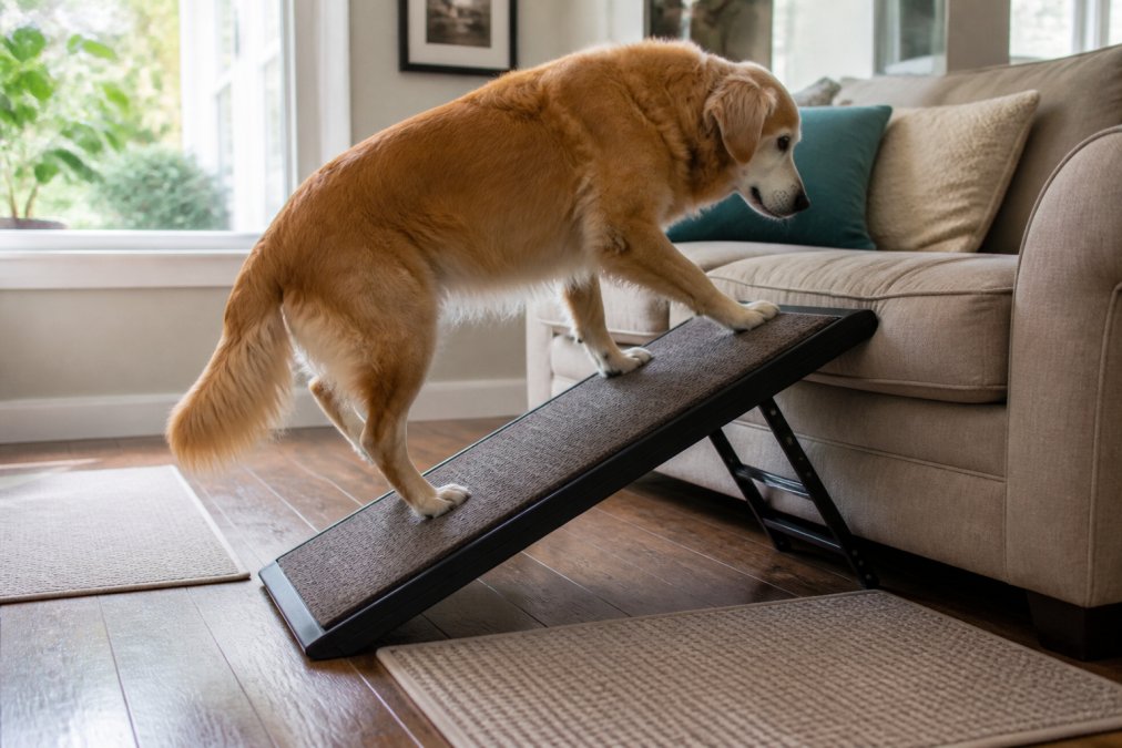A senior dog carefully using a ramp to access a couch, with non-slip mats visible on hardwood flooring in the background and soft natural lighting from nearby windows