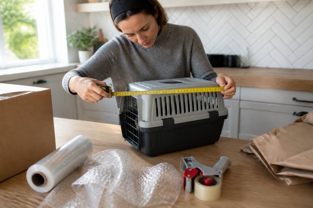 A person at a bright kitchen table measuring a small dog carrier box with a tape measure, surrounded by bubble wrap and packing tape