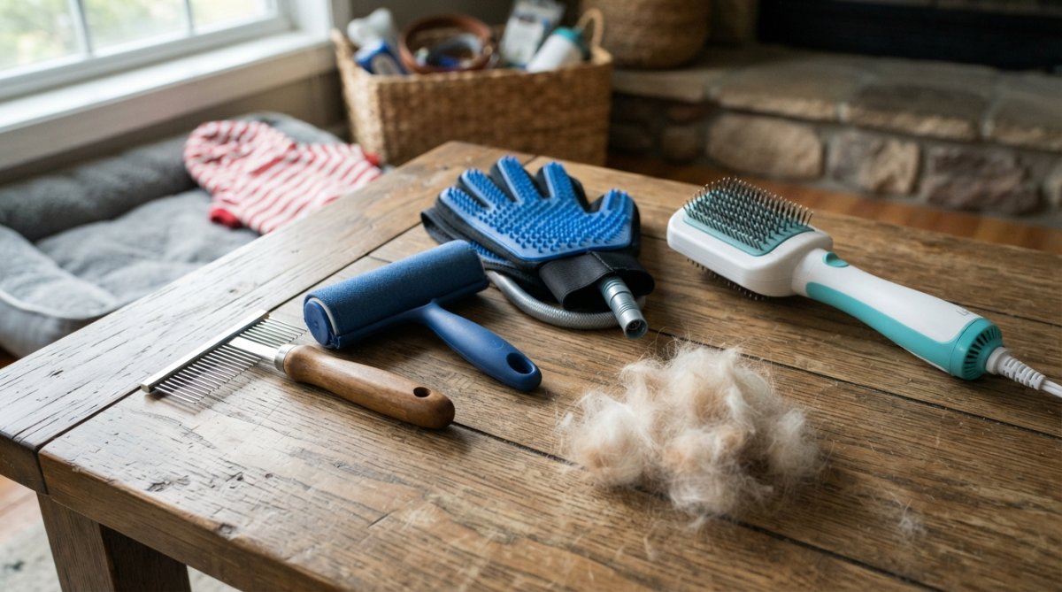 Flat-lay arrangement of various pet hair removal tools on a clean white surface including lint rollers, rubber broom, handheld vacuum, reusable roller, and pet hair brush with fluffy dog hair sample nearby