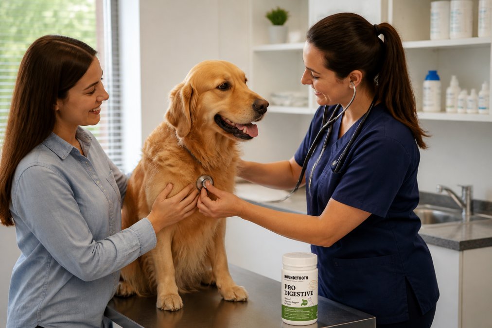 A calm, well-lit veterinary consultation room with a friendly vet in scrubs gently examining a golden retriever on an examination table while the owner watches reassuringly