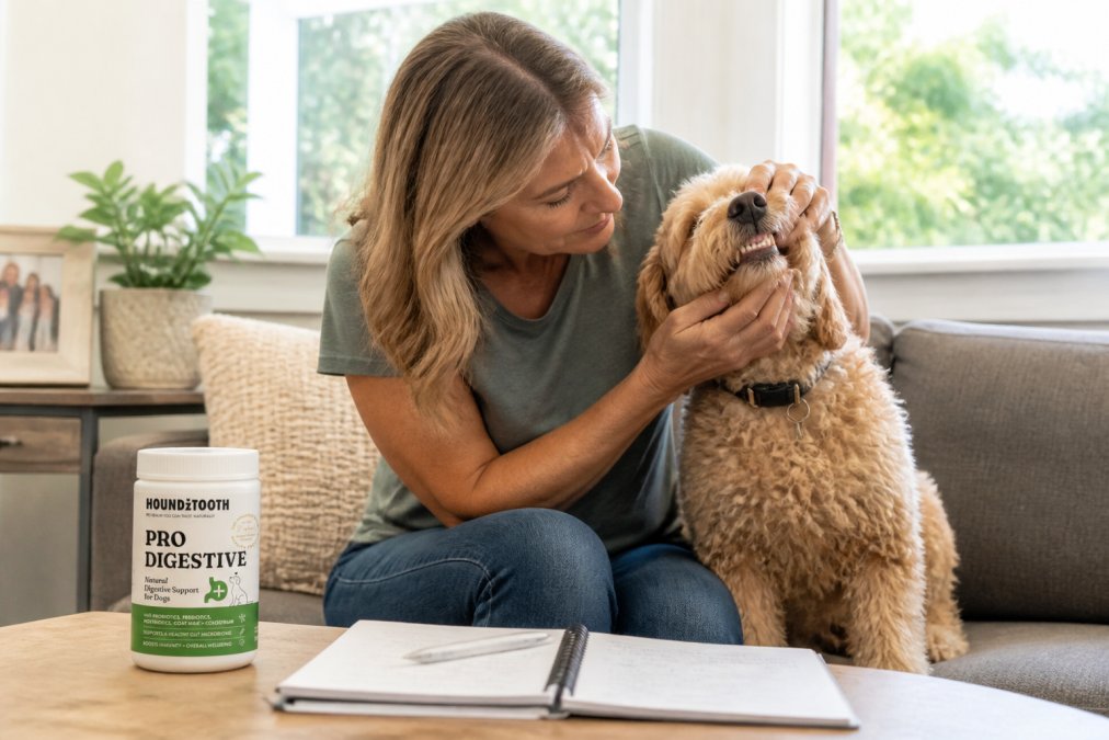 A pet owner sitting on a couch at home, gently checking their dog's teeth and coat while referring to notes on a tablet, natural daylight coming through a window