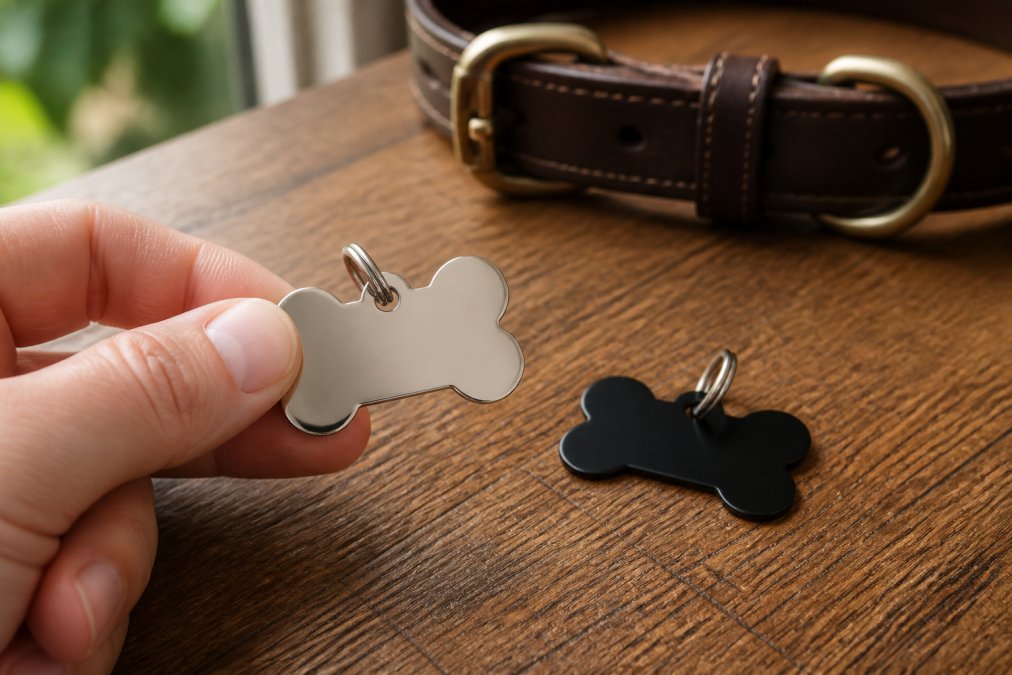 Close-up of a hand holding a polished stainless steel bone-shaped pet tag beside a black anodised aluminium tag on a wooden table, with a leather dog collar and natural window light