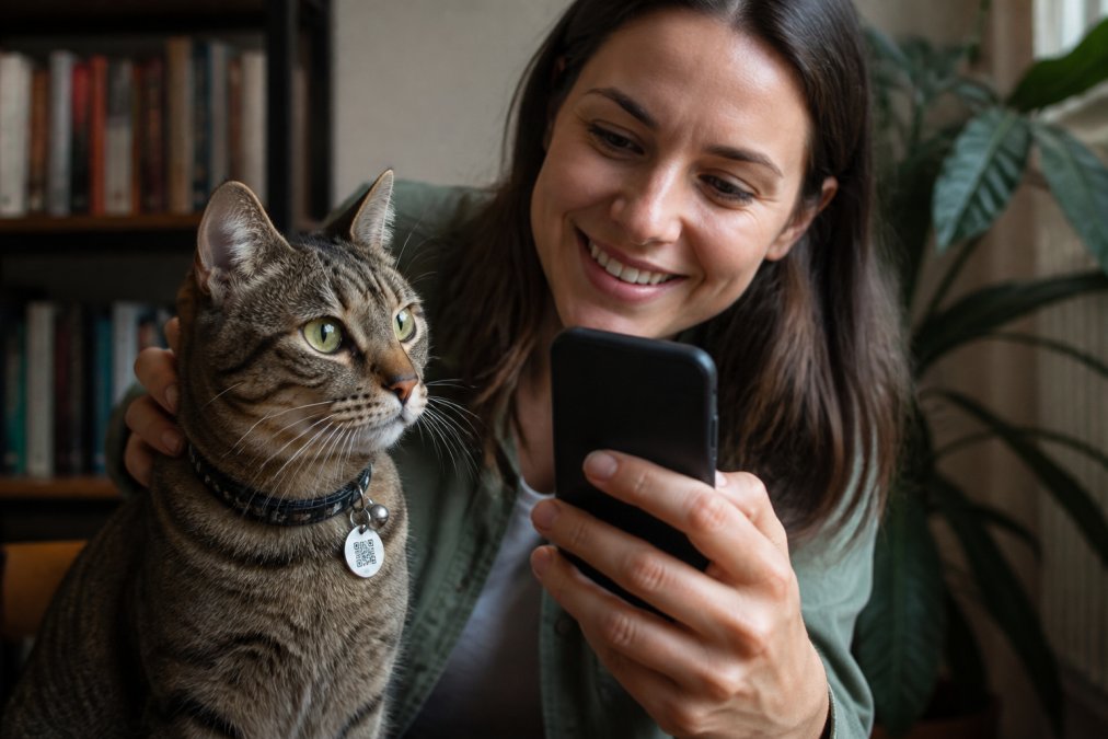 Close-up of a cat wearing a small engraved metal ID tag on its collar, with a hand holding a smartphone scanning a QR code tag beside it