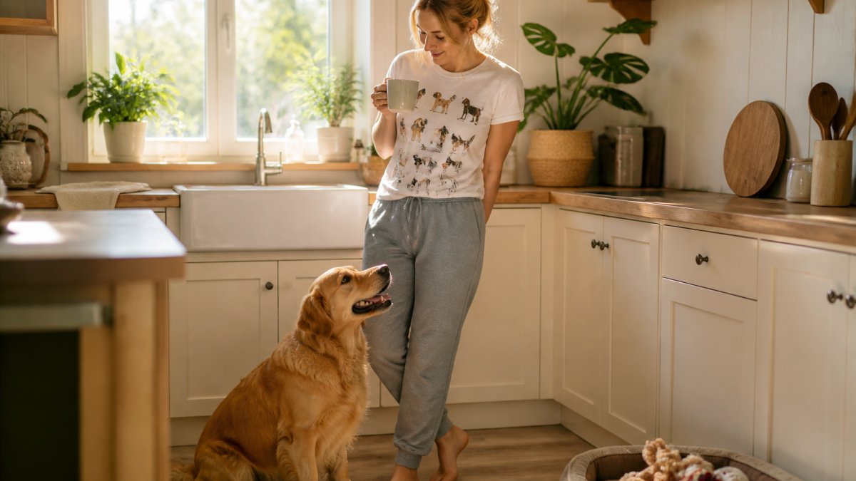 A woman in a printed cotton dog-themed tee holding a ceramic mug in a bright kitchen, a golden retriever sitting at her feet, morning light through the window