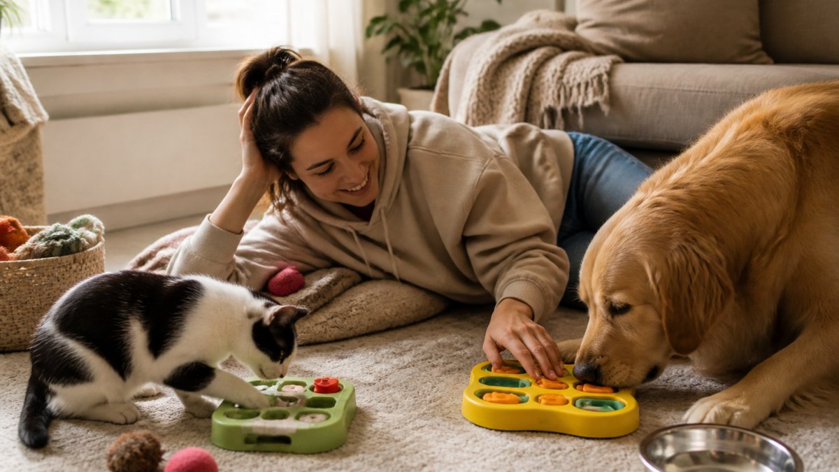 Person relaxing on a living room floor with a dog and cat playing with puzzle toys in warm natural light