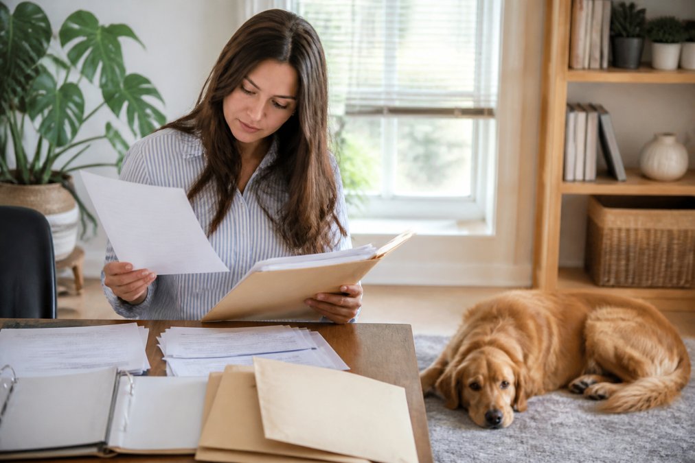 Pet owner sitting at home office desk with a calm dog lying nearby, reviewing and organizing pet vaccination records and reference letters in a bright, organized workspace