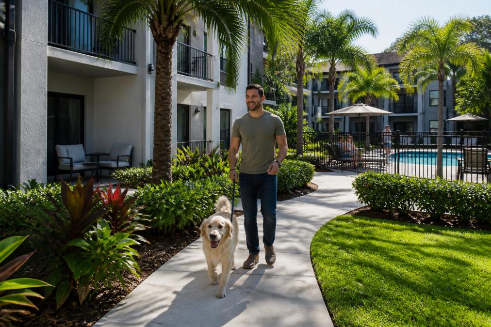 Young professional with a golden retriever exploring the garden-style courtyard of a modern apartment community, walking past lush landscaping, a resort-style pool area, and other residents enjoying outdoor spaces on a sunny afternoon