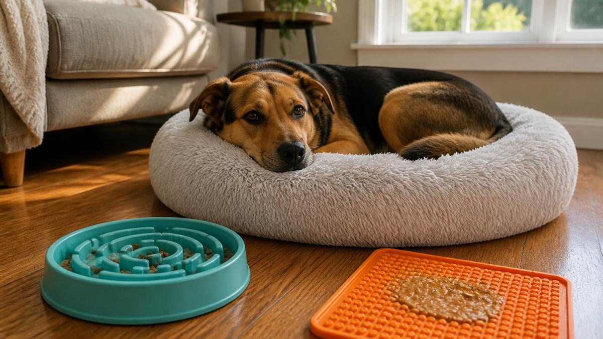 A rescue dog resting peacefully on a plush donut calming bed in a cozy living room, with a lick mat and slow feeder bowl visible on the hardwood floor nearby, warm afternoon light through the window