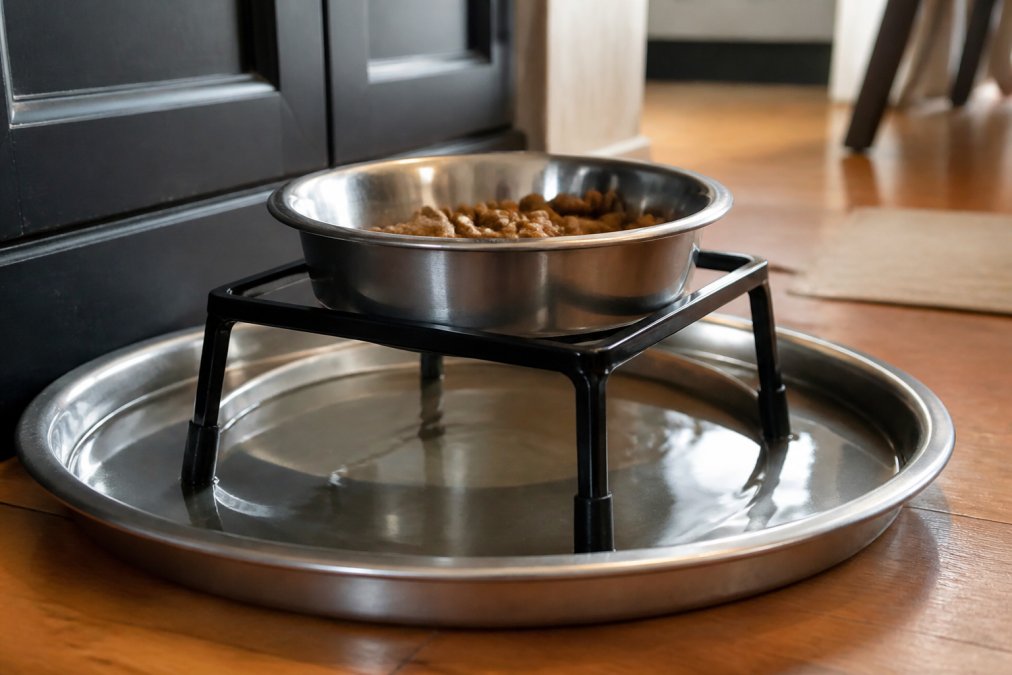 Close-up of a stainless steel pet food bowl elevated on a raised stand with a moat-style water barrier surrounding the base, preventing ant entry while allowing pets to eat normally