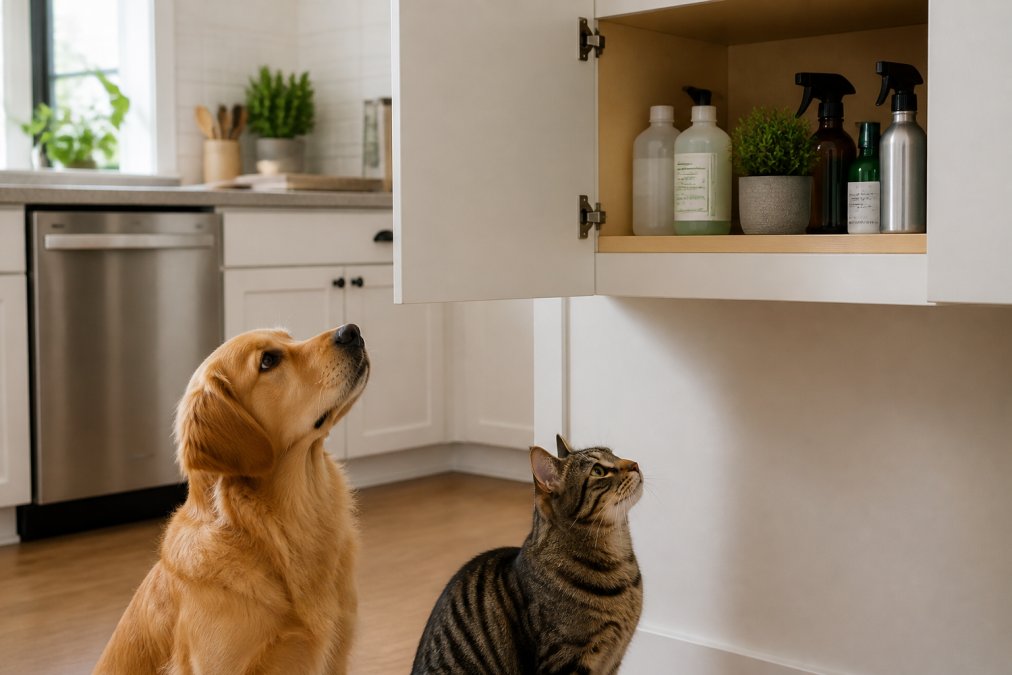 A curious golden retriever and tabby cat in a bright kitchen with spray bottles and natural pest control products safely stored on a high shelf away from both pets, demonstrating proper storage safety