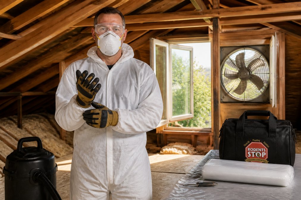Homeowner wearing fitted N95 respirator, heavy-duty gloves, and protective clothing standing in well-ventilated attic with open windows and exhaust fan visible
