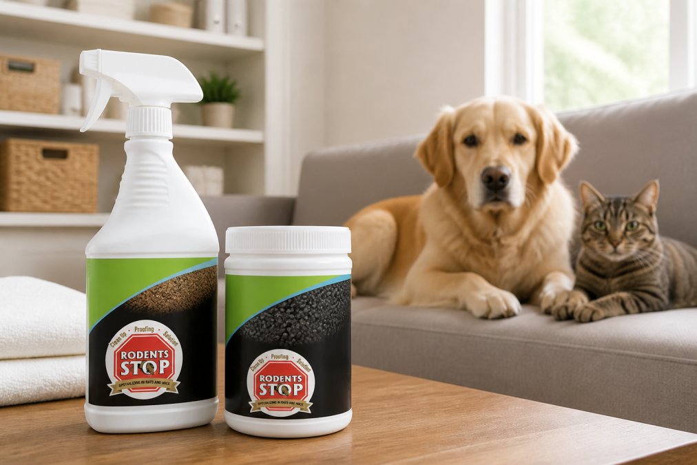 Bottles of enzyme-based attic cleaner and activated carbon deodorizer arranged on shelf with dog and cat resting nearby in living room, suggesting pet-safe treatment products