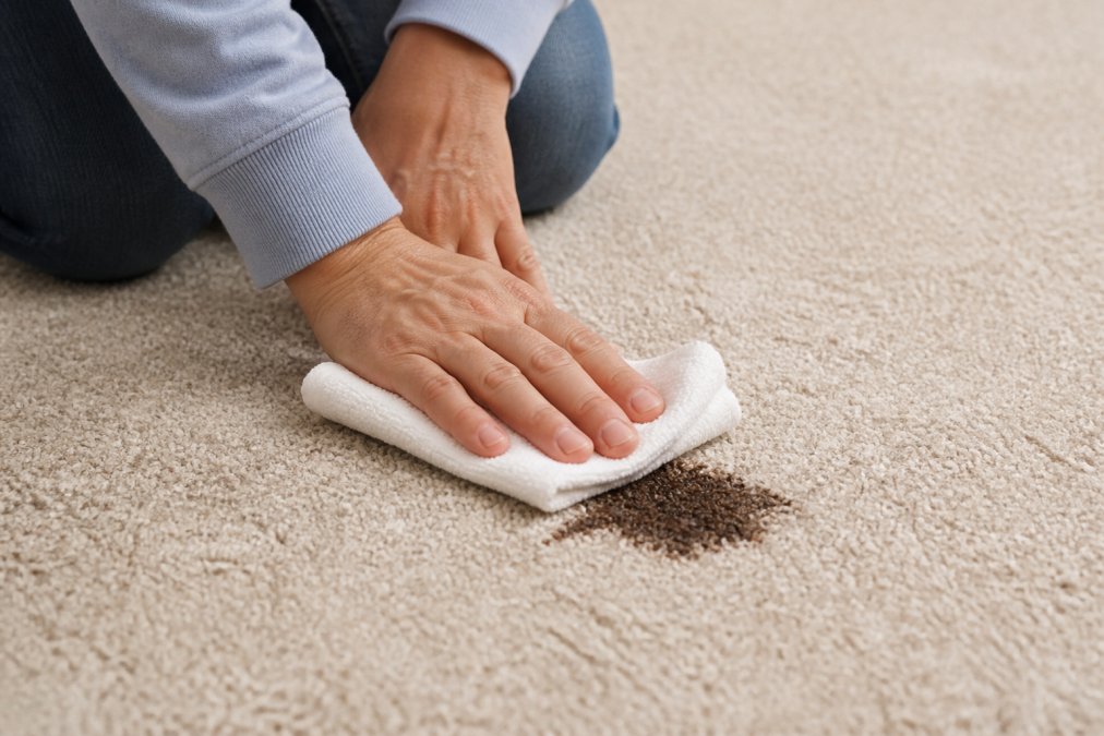 Hands demonstrating proper blotting technique on carpet stain with white cloth, applying firm downward pressure without rubbing motions, showing correct spot cleaning motion