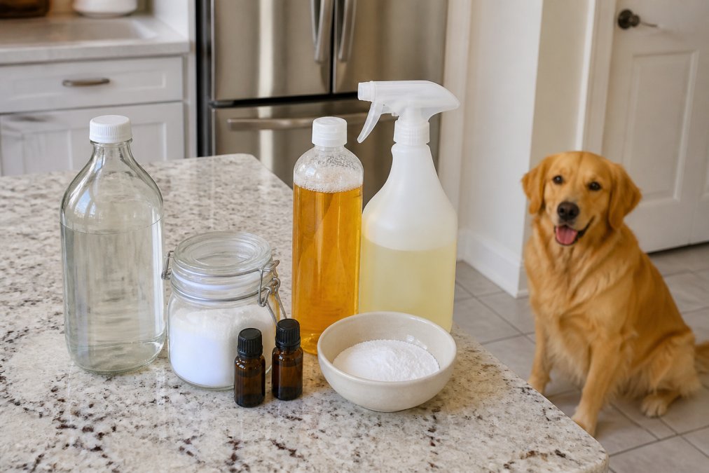 Golden retriever sitting near an assortment of pet-safe cleaning products on a kitchen counter.
