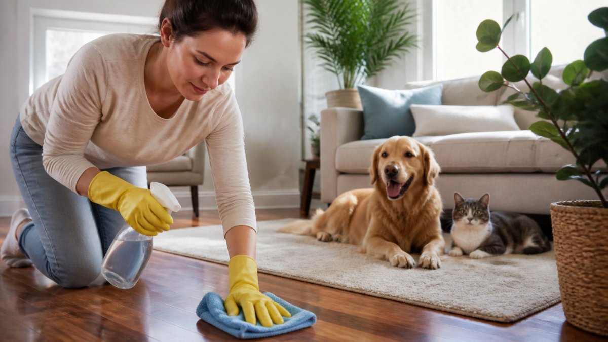 Person cleaning a hardwood floor using pet safe home cleaning products while a dog and cat rest nearby.