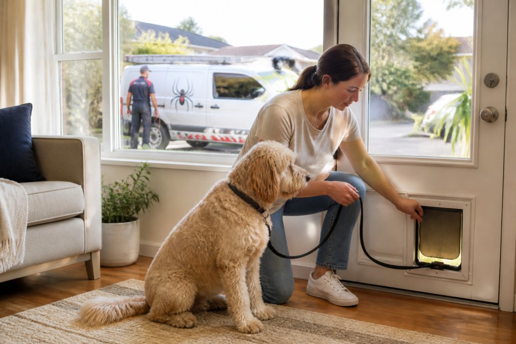 Homeowner securing a dog lead before a pet safe pest control visit in a suburban living room