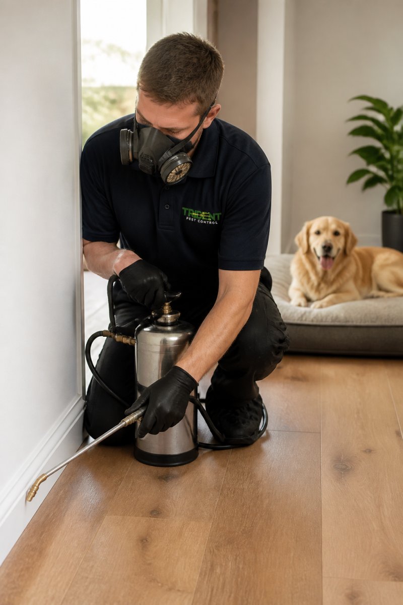 A licensed pest control technician in uniform applying pet-safe treatment along the skirting boards of a bright family home, with a dog resting on a bed in the background