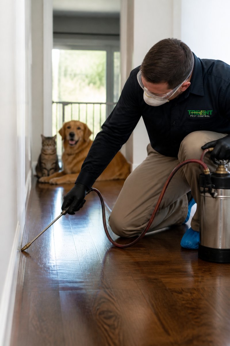 Licensed pest control technician in protective gear carefully applying treatment to a baseboard in a family home, with a cat and dog visible in the background being kept at a safe distance