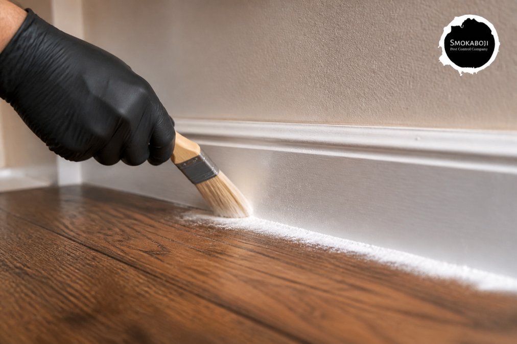 Close-up of diatomaceous earth powder being applied along a baseboard with a duster, showing safe application technique in a home interior