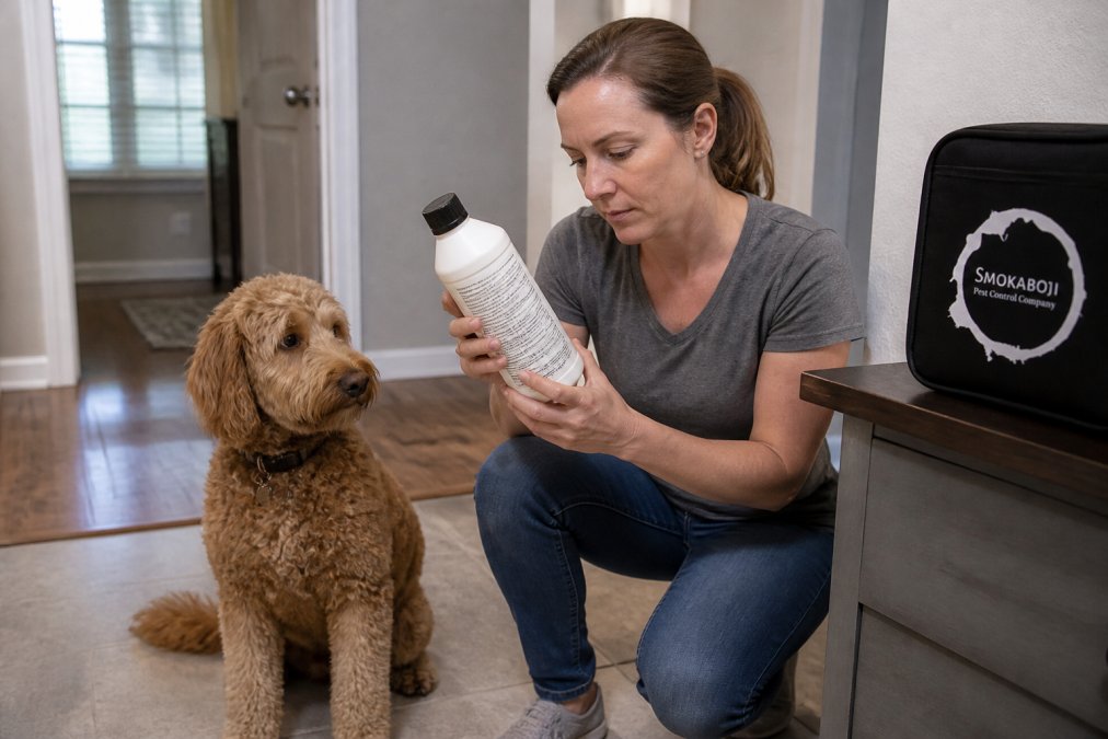 Pet owner reading and studying a pest control product label carefully while their dog sits nearby, emphasizing label comprehension and safety awareness