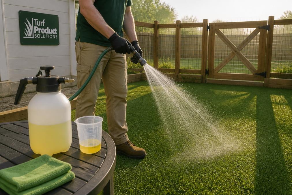 Step-by-step guide using turf deodorizer spray to clean dog urine from artificial turf in a backyard run