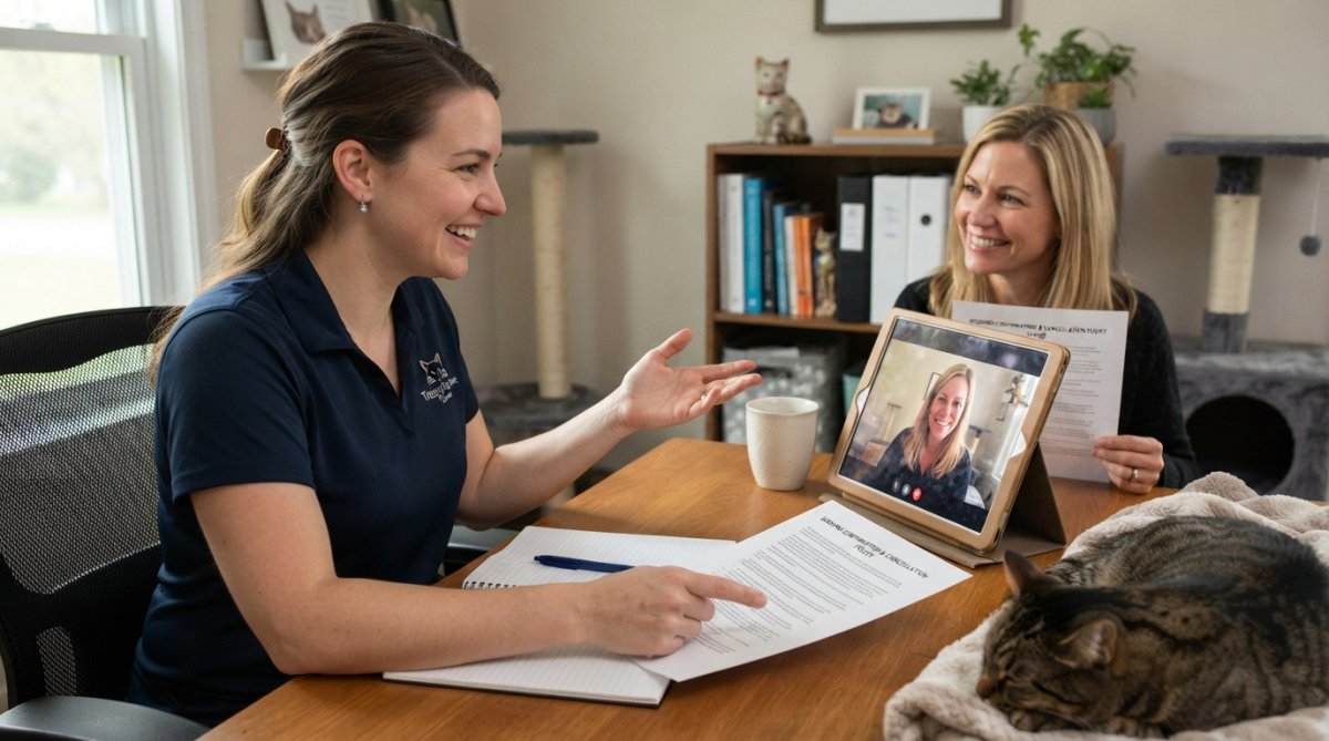 Professional pet sitter reviewing booking confirmation and cancellation terms on tablet during video call with client, both smiling and engaged, natural office lighting