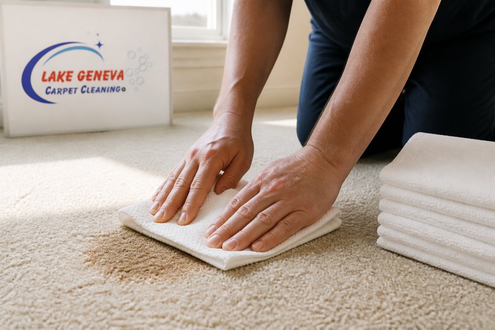 Close-up of a pet owner's hands blotting a fresh carpet stain with white absorbent towels, pressing down firmly on the affected area in natural daylight