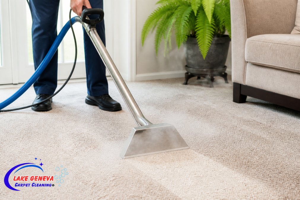 Professional carpet cleaning technician operating hot water extraction equipment on residential carpet, with visible steam and moisture being extracted from the carpet surface