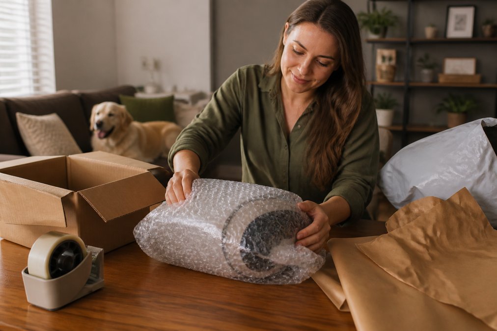 Person at home preparing a pet supply package for return, with a shipping label, packing materials, and a pet product visible on a table