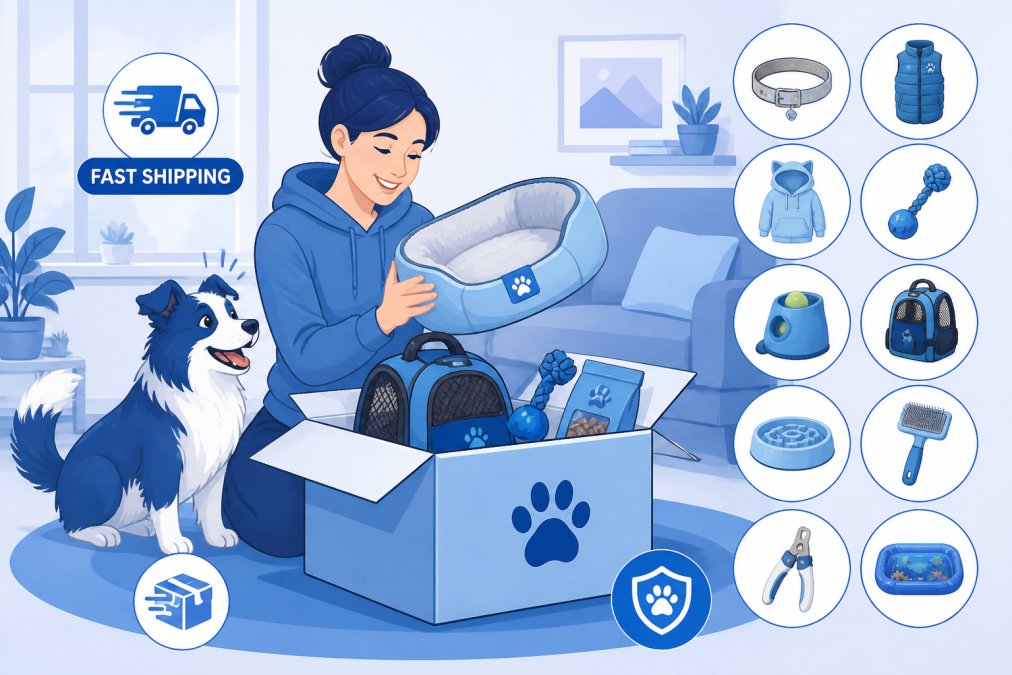 Person unpacking a pet supply box at home with an excited dog nearby, showing satisfaction with the delivery in bright natural lighting