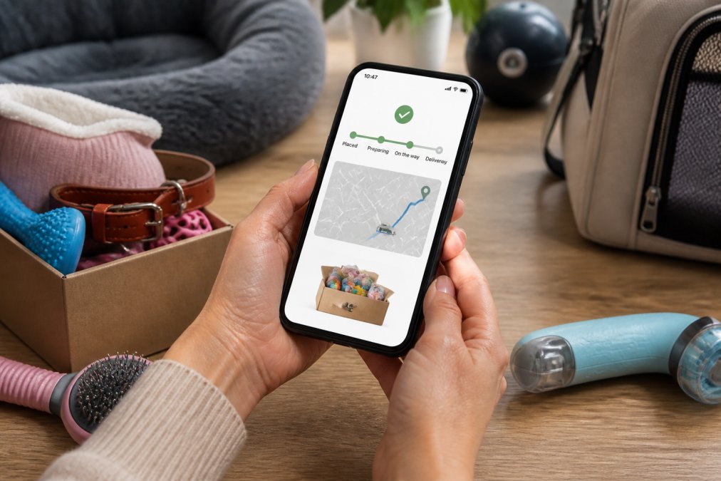 Close-up of hands holding a smartphone displaying a pet supply app with an order confirmation and delivery tracking map on screen