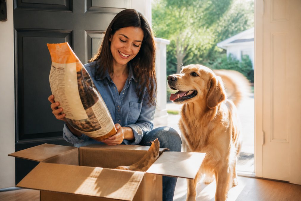 Pet owner opening a cardboard delivery box at their front door, holding premium pet food with their golden retriever standing beside them wagging its tail, afternoon sunlight streaming through the doorway