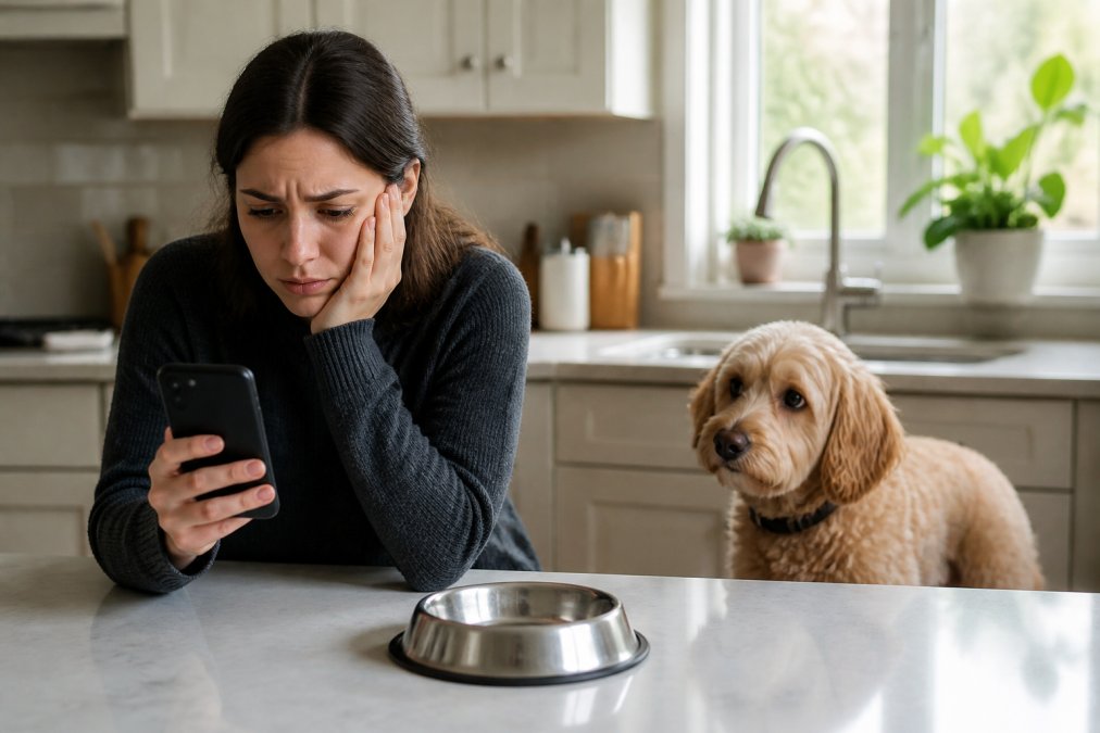 Pet owner on their phone looking worried, with an empty pet food bowl on the kitchen counter and their anxious dog standing nearby, afternoon natural light coming through the kitchen window