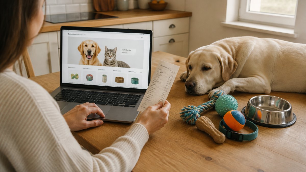 A person at a kitchen table with a laptop open to a pet supply website on one side and a paper receipt from a local pet store on the other, a dog resting nearby, natural window light