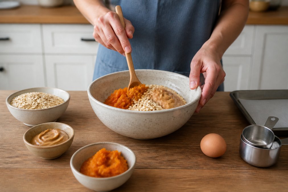 Close-up of hands preparing homemade dog treats in a bright kitchen, mixing fresh ingredients like pumpkin puree, rolled oats, and natural peanut butter in a ceramic bowl on a wooden counter