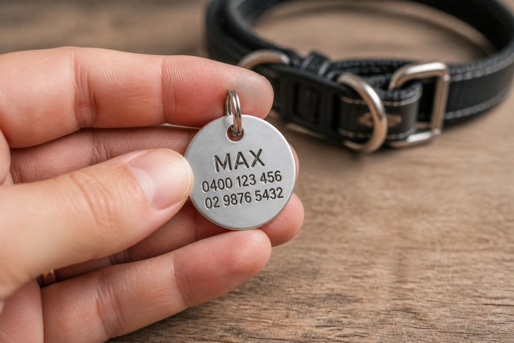 Close-up of a hand holding a silver pet ID tag with clearly engraved text showing contact details, with a dog collar visible in the soft-focus background