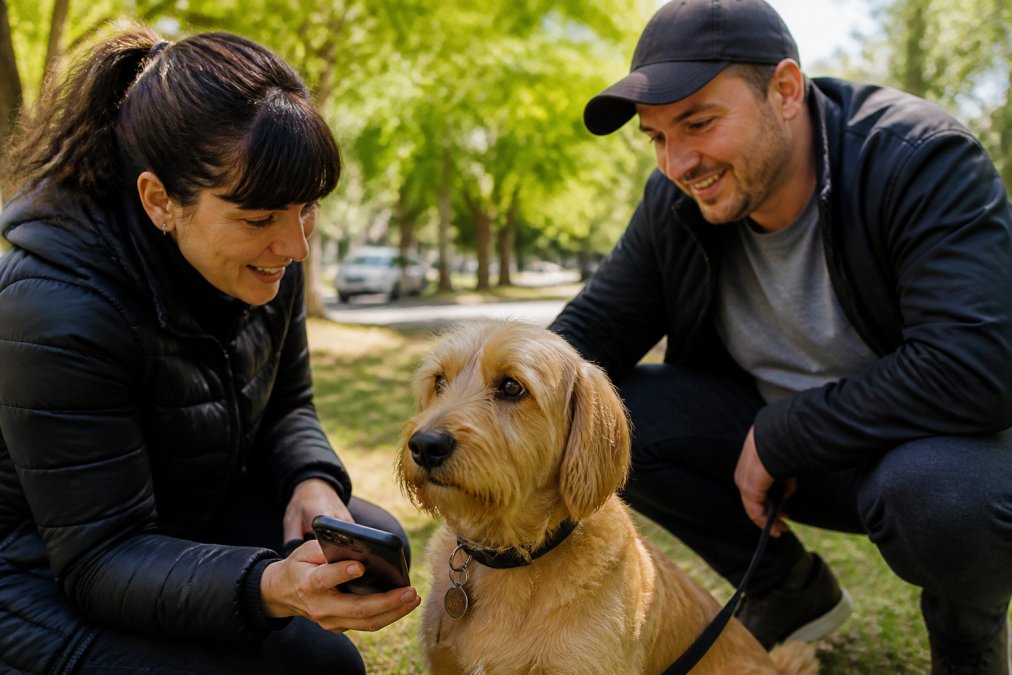 A smartphone displaying a QR code being scanned directly from a smart pet tag attached to a dog's collar, with the pet's digital profile and owner contact details visible on the screen
